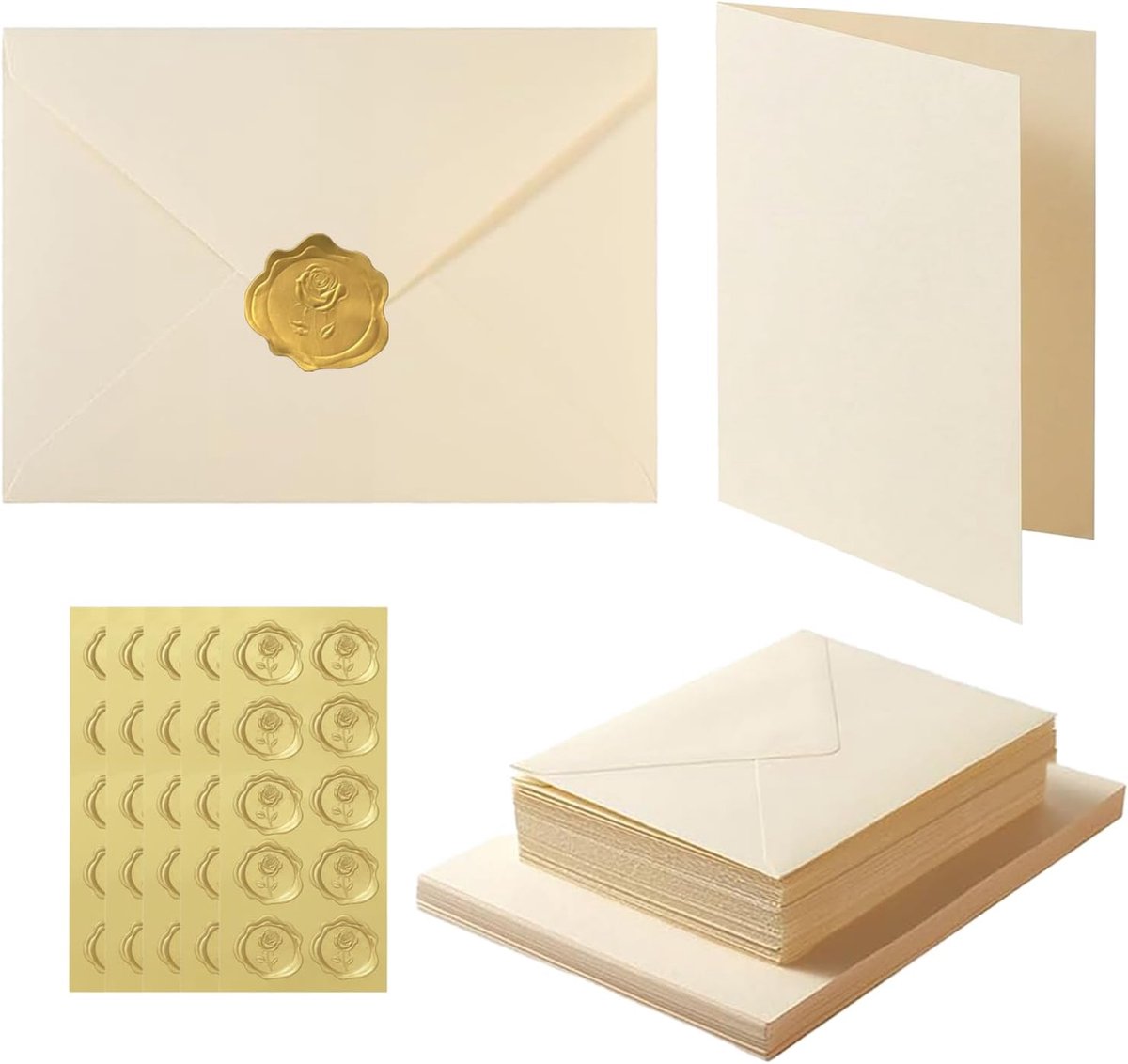 Set van 50 ivoorkleurige A6-enveloppen met gewone kaarten, 120 g/m² enveloppen met 250 g/m² vouwbare blanco kaarten en gouden stickers, perfecte schrijfwarenset voor huwelijksuitnodigingen