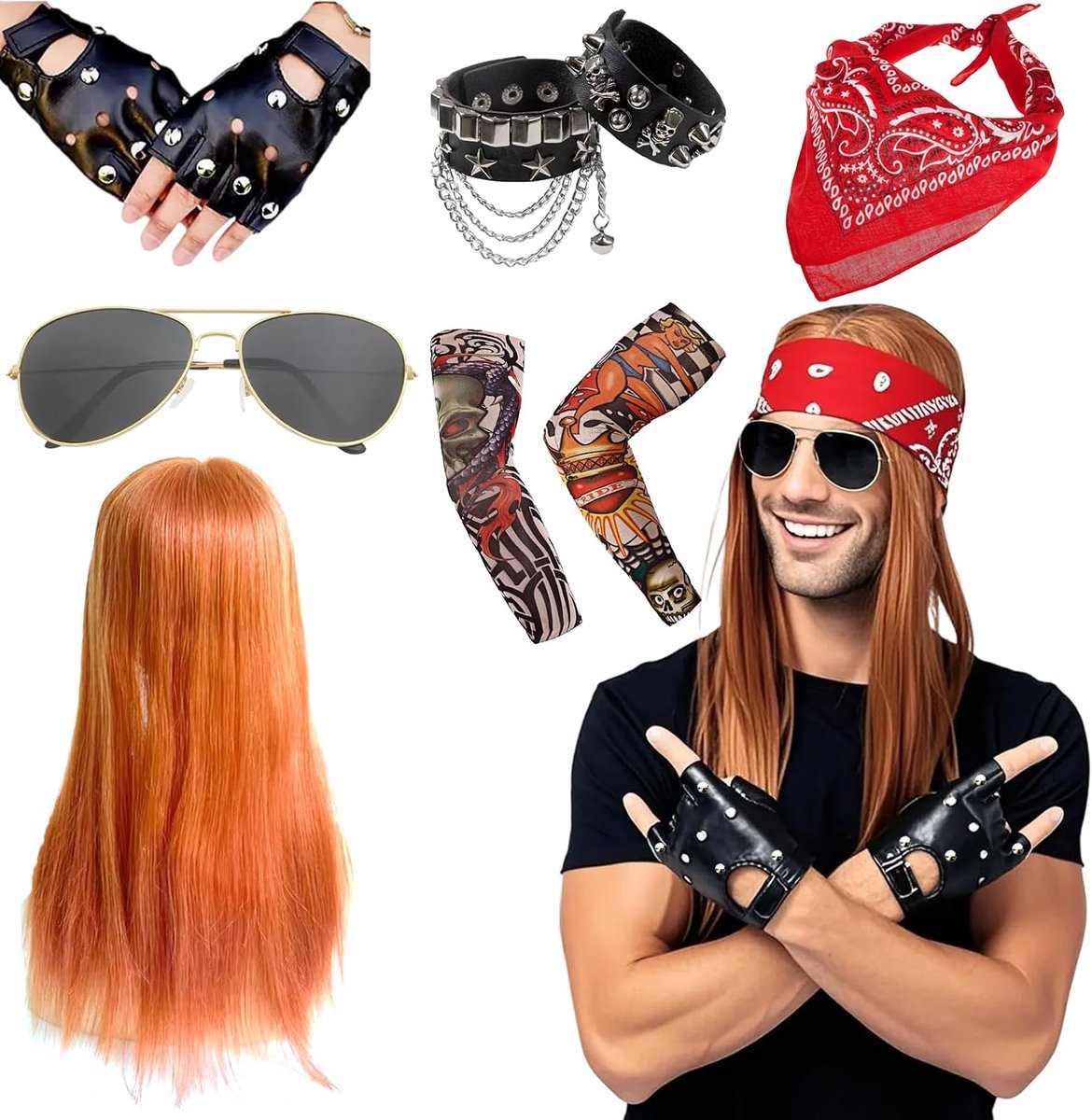 Jaren 70 en 80, zware metalen pruikenset, rockstar-verkleedkostuums voor mannen, hippie-accessoires, gothic rocker-kostuum, disco carnaval feest