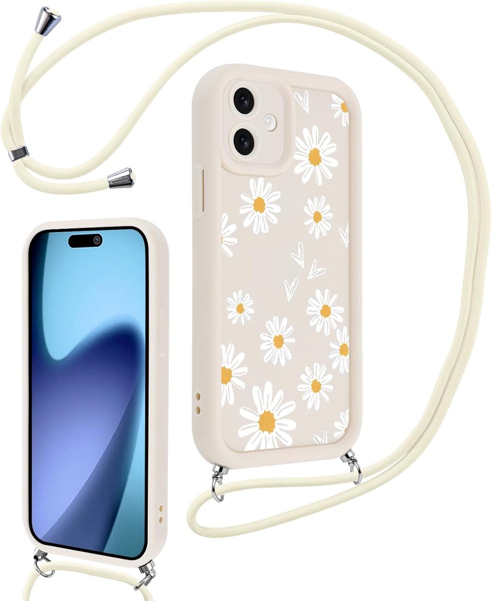 Beschermhoesje voor iPhone 17 6,3 inch (16,9 cm) met bloemenpatroon, om op te hangen, verstelbaar, omhangkoord, ketting, hoes, zachte TPU-siliconen, schokbestendig, beschermhoes