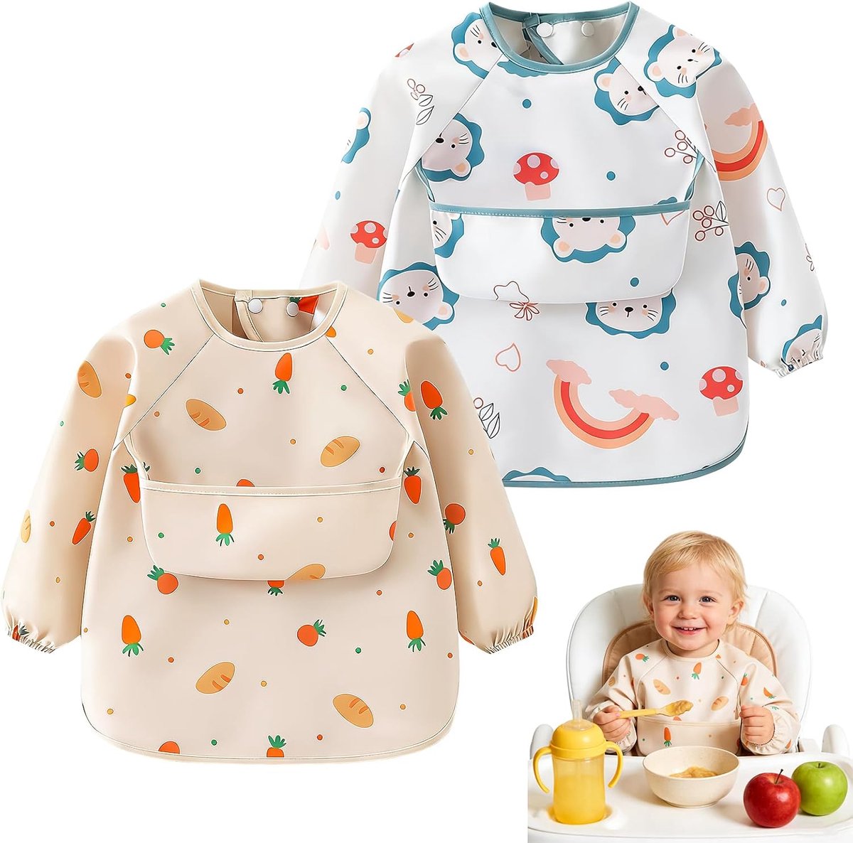 Babyslabbetjes met mouwen, set van 2 slabbetjes voor het voeden van kleuters met cartoonpatroon, zacht en huidvriendelijk, waterdicht en lekvrij, geschikt voor baby's van 1–4 jaar
