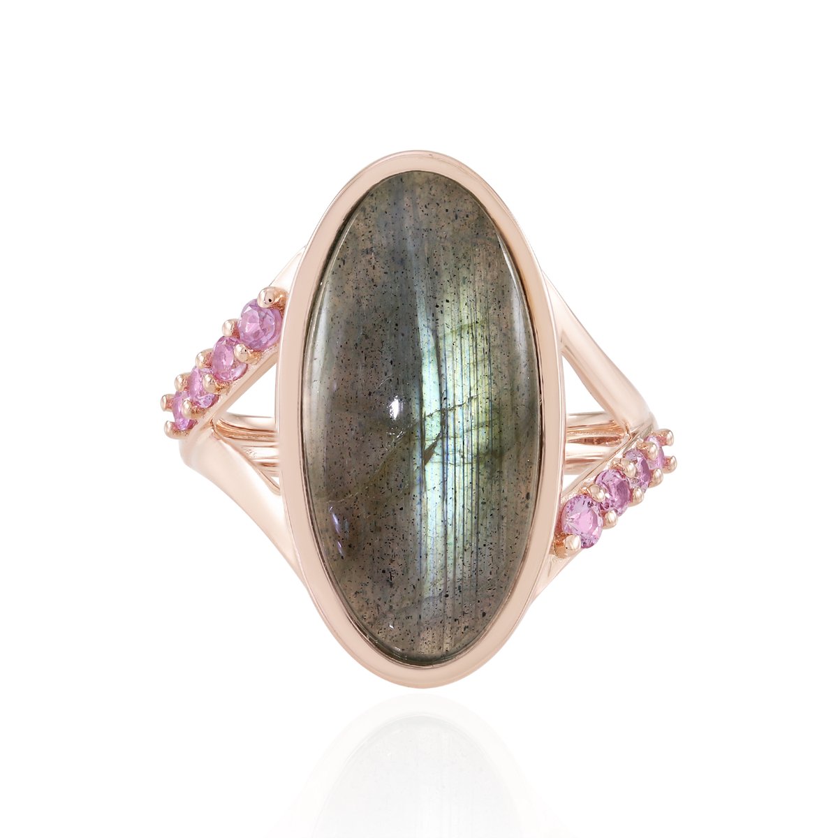 Cavill - Damesring Zilver 925 met Roségoud Verguld - 12,6 ct Groene Labradoriet & 0,144 ct Roze Saffier - Ovale Cabochon - Elegant