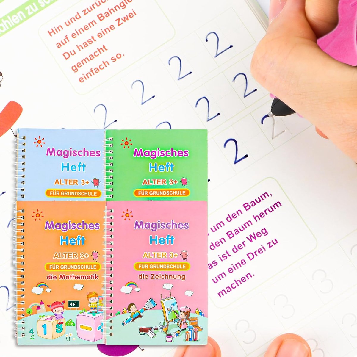 Magic Booklet, Pack of 4, Exercise Notebooks with Pen, 19 x 13 cm, Grooved Learning Notebooks, Reusable, for Children - ShopVlot