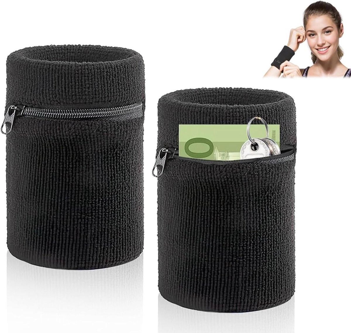 Zwarte Sweatband met Rits, Set van 2, Sport Polsband met Praktische Ritszak voor Joggen, Basketbal en Tennis