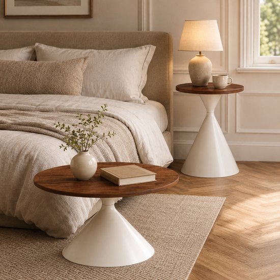 Ronde salontafel met walnoothouten blad en crèmewitte conische voet, naast een bed.