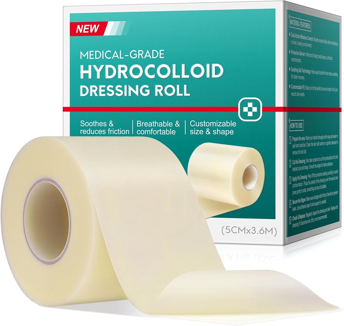 Hydrocolloid Roll 5Cmx3.6M, Cut-To-Size Dressing Tape with Lightweight Breathable Self-Adhesive, Sterile & Flexible & - ShopVlot