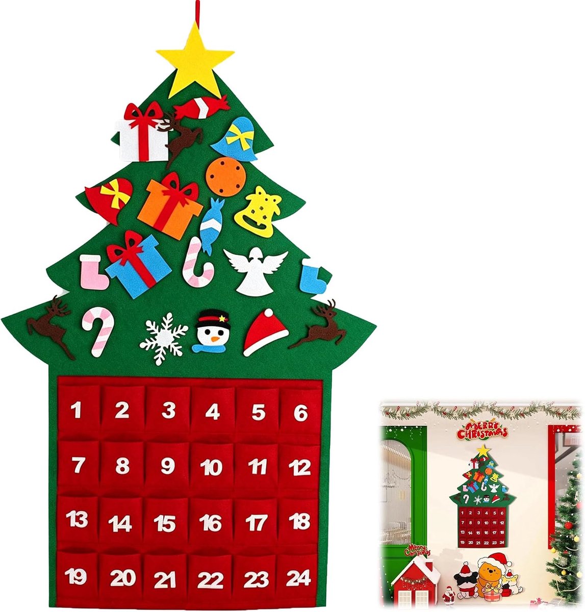 Adventskalender 2026 kerstboom vilt 100 cm 24 zakken - 100 x 67 cm, herbruikbaar, om te vullen, voor muur en deur - ShopVlot