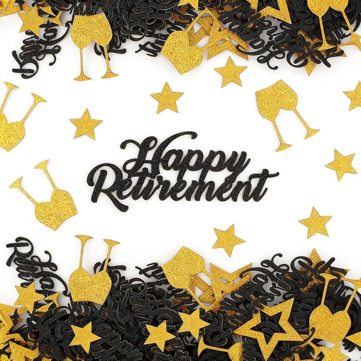 300 stuks Happy Pensioen Confetti, pensioen confetti, gouden confetti, glinsterende wijnglazen en sterontwerp - ShopVlot