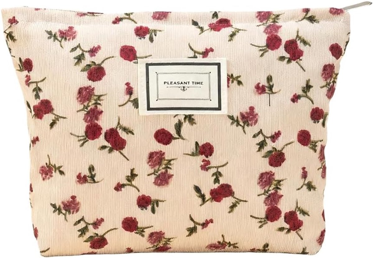 Cosmetische tas voor vrouwen beige canvas roos patroon make-up tas draagbare reizen toilettas organizer draagbare rits - ShopVlot