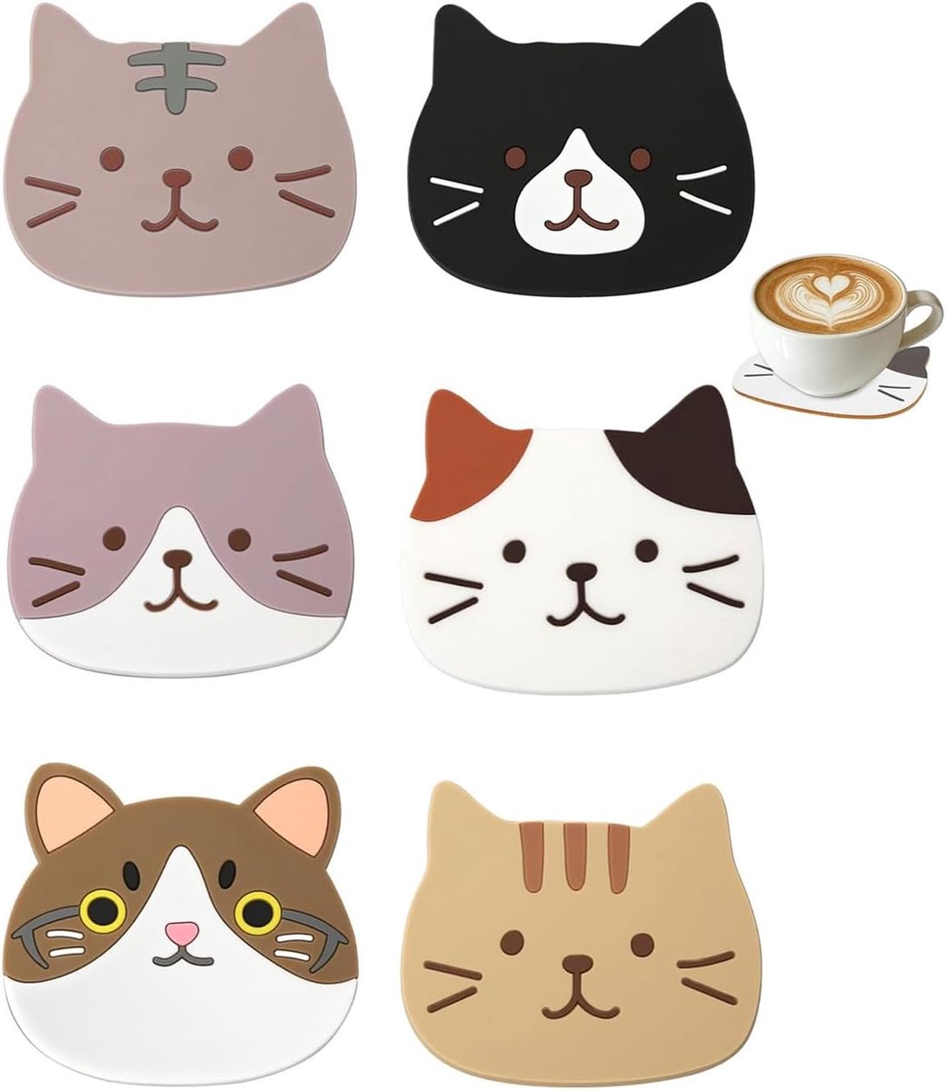 Drinkcoasters set van 6 - silicone kattendesign - hittebestendig en antislip - perfect voor thuisgebruik - ShopVlot
