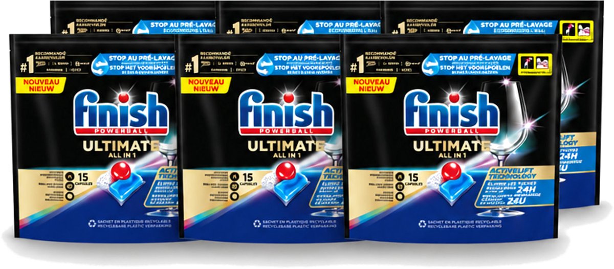 6 x Finish Powerball - Ultimate All in 1 - Vaatwastabletten - Activelift - 15 Capsules - Voordeelverpakking - 6 stuks