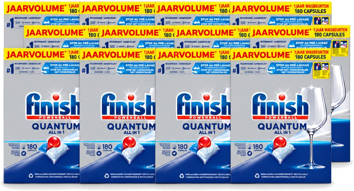 12 x Finish Powerball - Quantum All in 1 - Vaatwastabletten - 180 Tabletten - Voordeelverpakking - 12 stuks