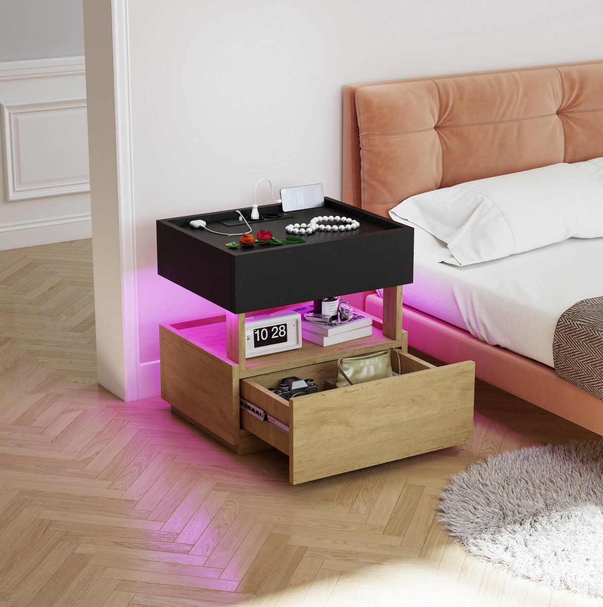 REDOM Bedtafel met draadloos opladen - LED-sfeerverlichting en USB-poorten - 2 lades - Bewerkt hout - Zwart en naturel - 50 x 40 x 50 cm