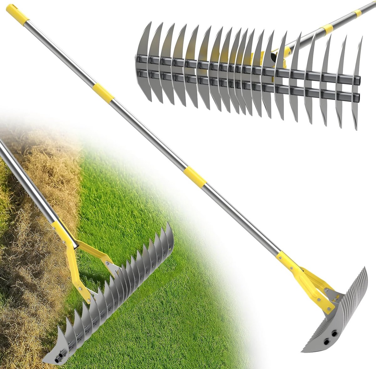 SnelShoppen - Rake 178 cm - Robuuste Hark voor het Verwijderen van Mos en Stoppel - Scherpe Blad voor Dode Gras - Tuin, Binnenplaats, Gazon - Zilver