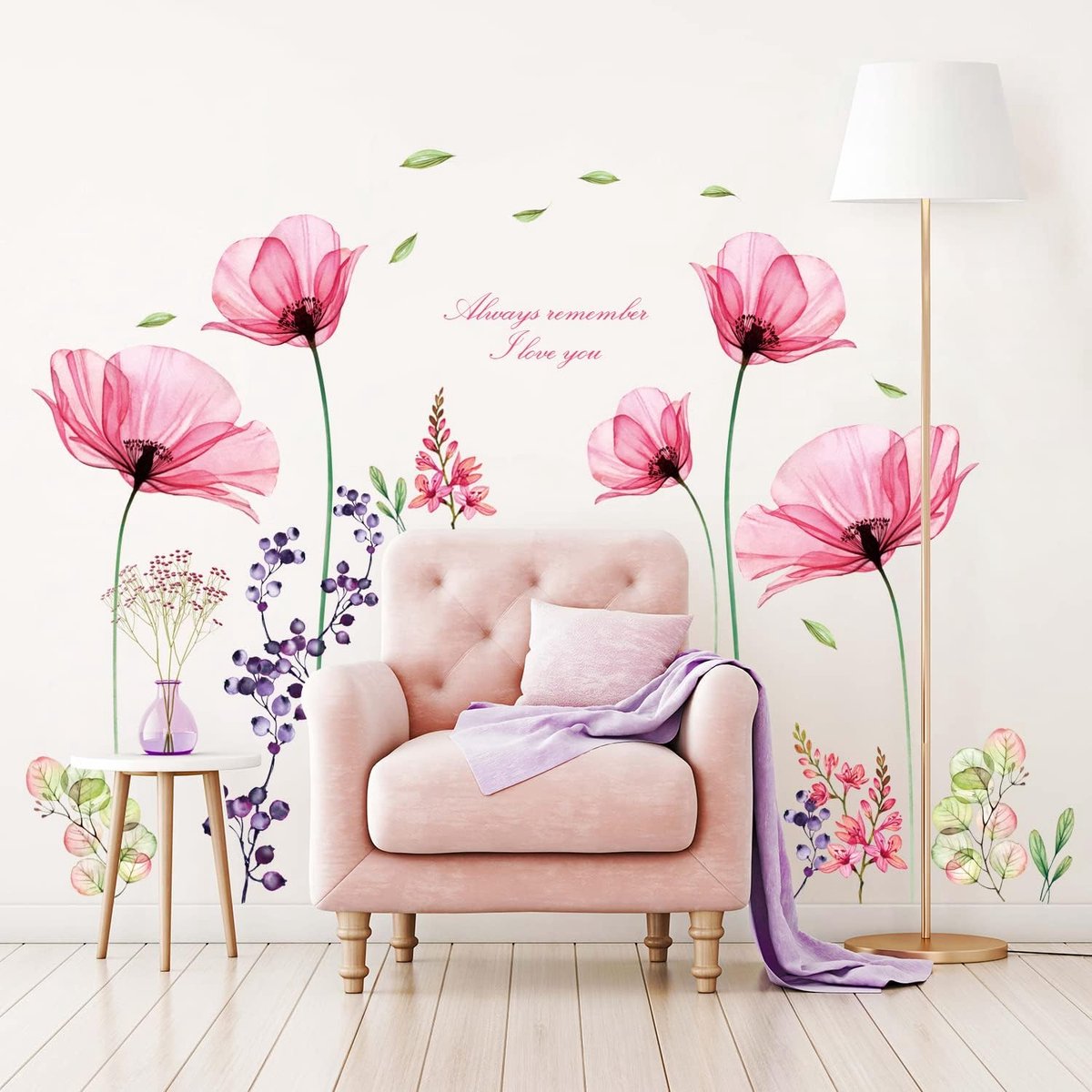 SnelShoppen - Kids Wandstickers - BASHOM BS-106 X-ray Roze Bloemen - Peel and Stick Verwijderbaar - Muurdecoratie voor Kinderen - Decoratie voor Kinde