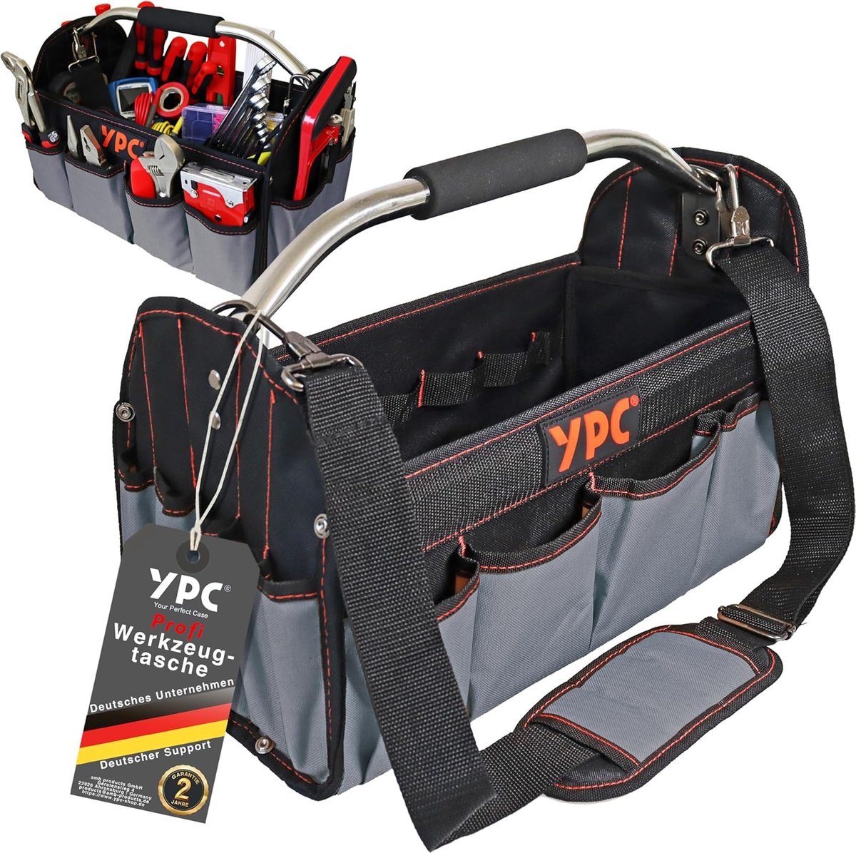 SnelShoppen - YPC Carrier Tool Basket XL, Waterdichte Gereedschapszak met Stevige Bodem, Vouwbaar, Schouderband met Hoes en Metaal Handvat, Grijs/Zwar