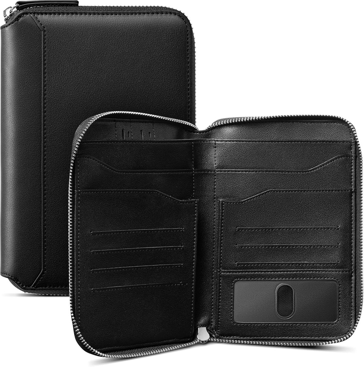 SnelShoppen - Leer Paspoort Houder voor 4-8 Paspoorten - Familie Paspoort Wallet met Rits - Reisdocumenten Organizer voor Mannen en Vrouwen - Zwart, 1
