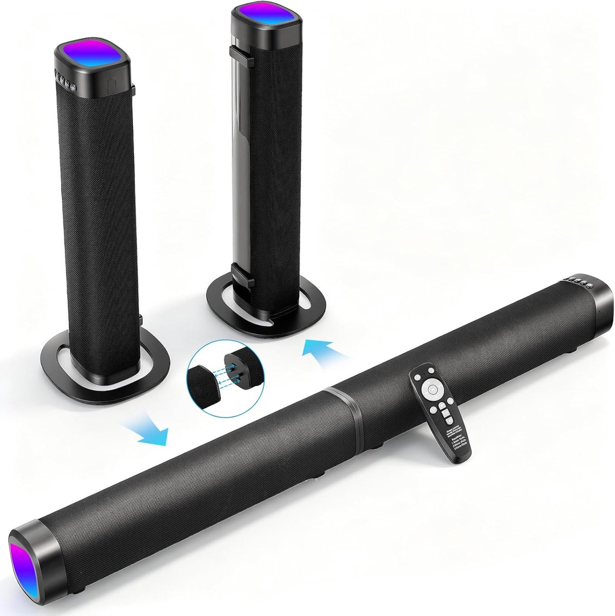 SnelShoppen - 240W Soundbar voor TV, 2-in-1 Soundbar met RGB Verlichting, 3 EQ Modes, Bass Aanpasbaar, Bluetooth 5.3, ARC, Optisch, Aux, USB, Ideaal v