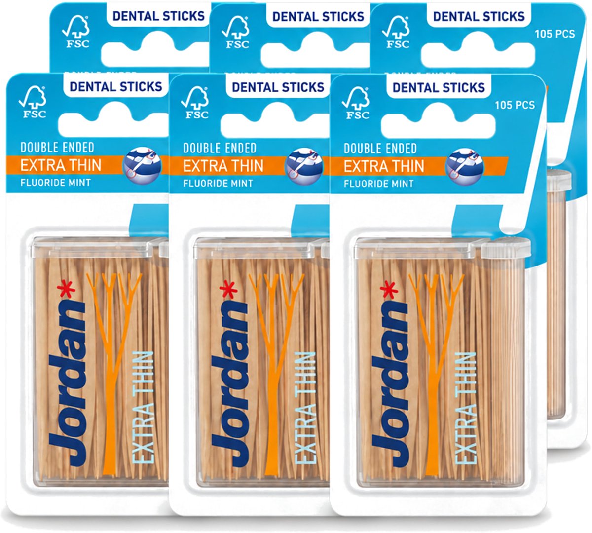 6 x Jordan - Dental Sticks - Extra dunne tandenstokers - 105 Stokers - Voordeelverpakking - 6 stuks