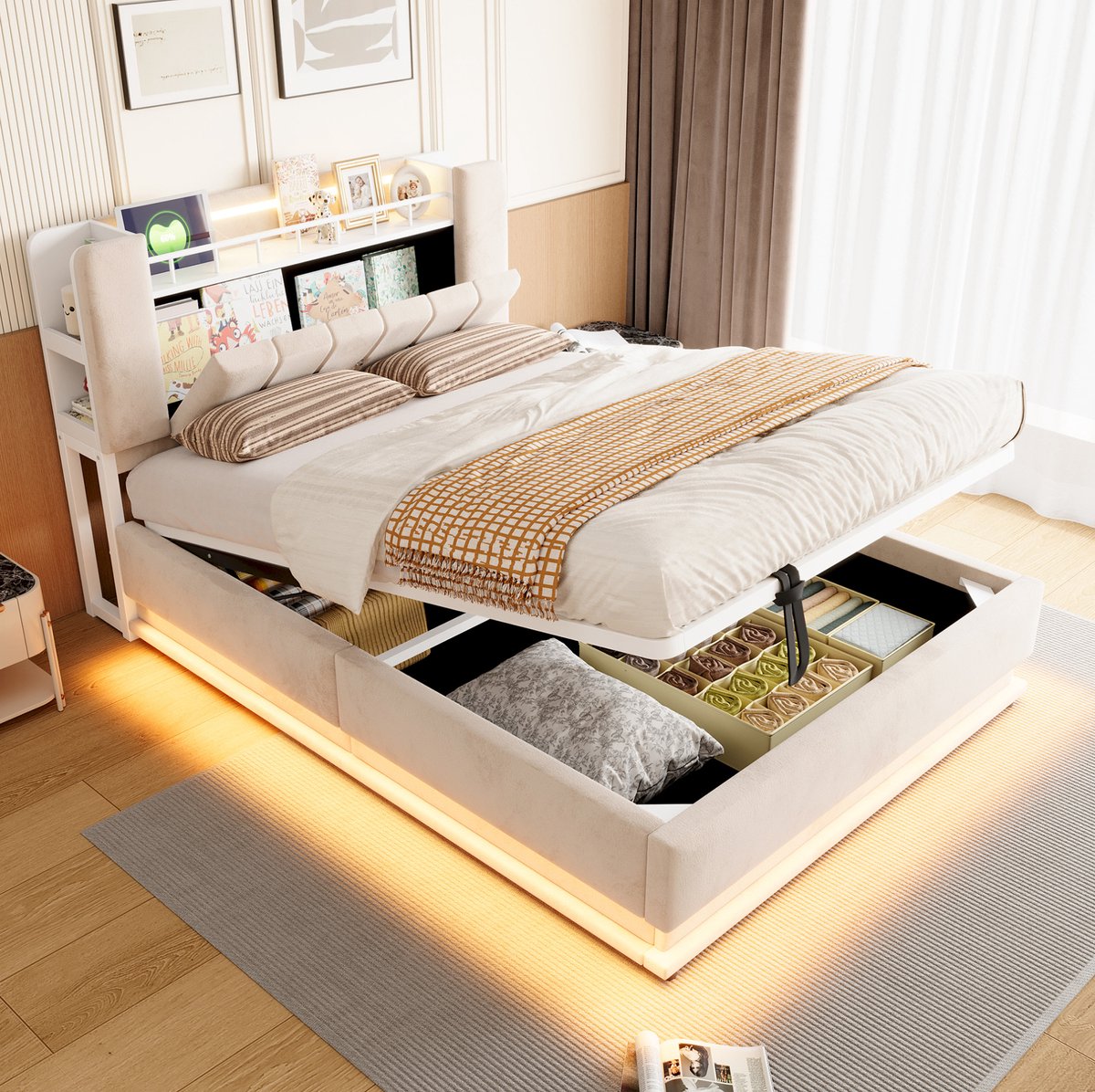 MODENUIT Bed – Ledverlichting Met Usb-Aansluitingen – 140 x 200 cm – Stof, Metaal en MDF – Beige – Opbergruimte
