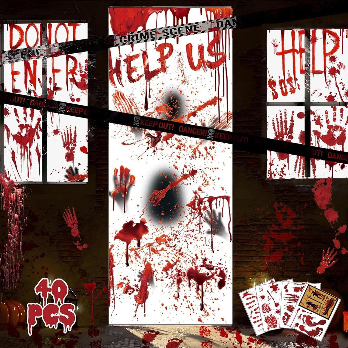 Raamstickers, Halloween raamdecoraties zombie poster set herbruikbare Halloween accessoires, enge bige handafdrukken voetafdrukken muurstickers voor Halloween feest
