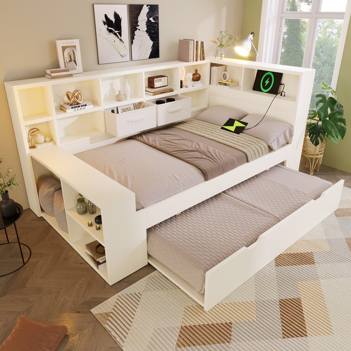 MODENUIT Eenpersoonsbed – 90 x 190 cm – Uittrekbed – Hout en Spaanplaat – Wit – Met Opbergvakken en USB-C
