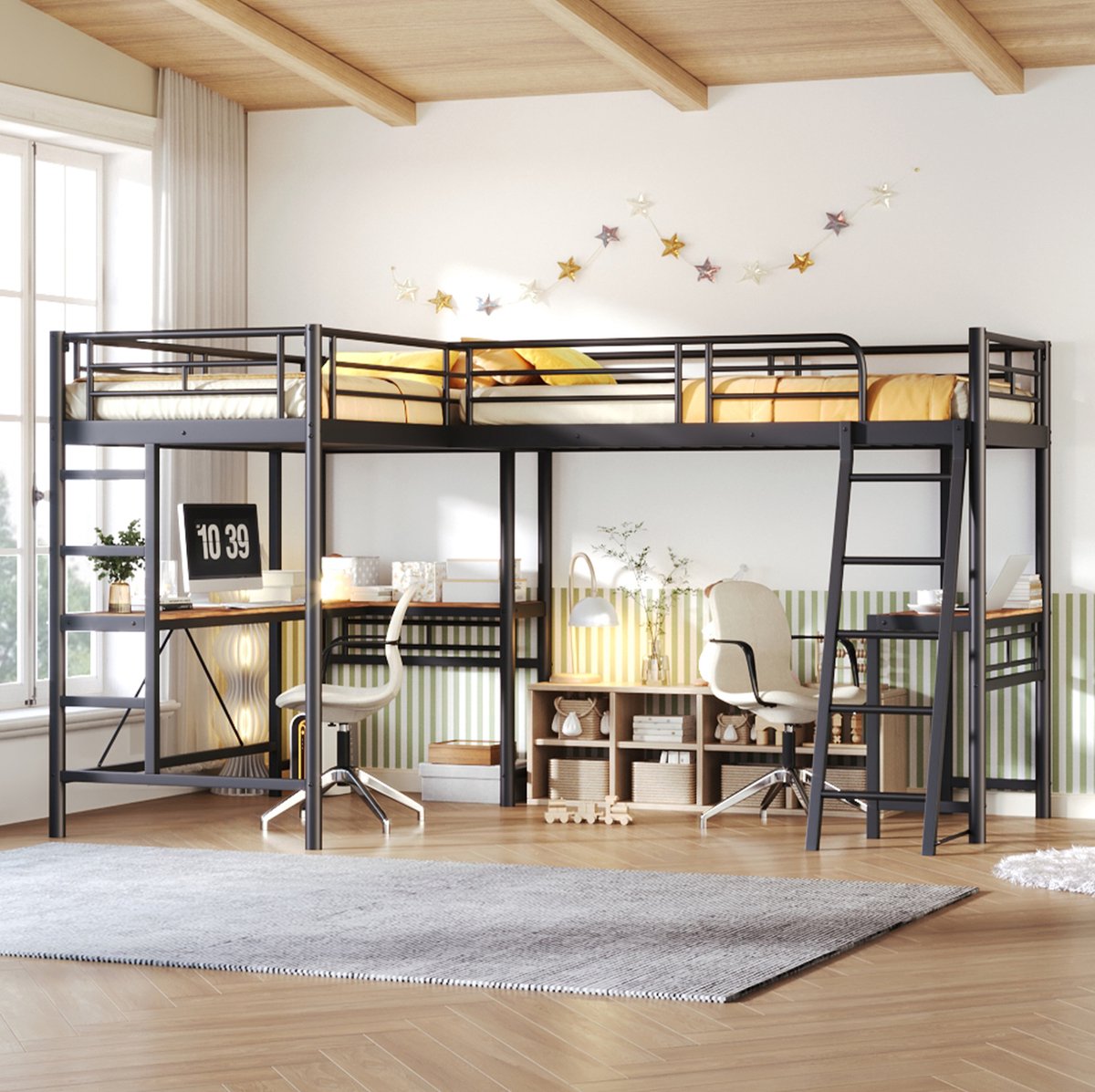 MODENUIT Hoogslaper – 90 x 200 cm met Bureau en Dubbele Ladder – Metaal en MDF – Zwart – Hoge Uitvalbeveiliging