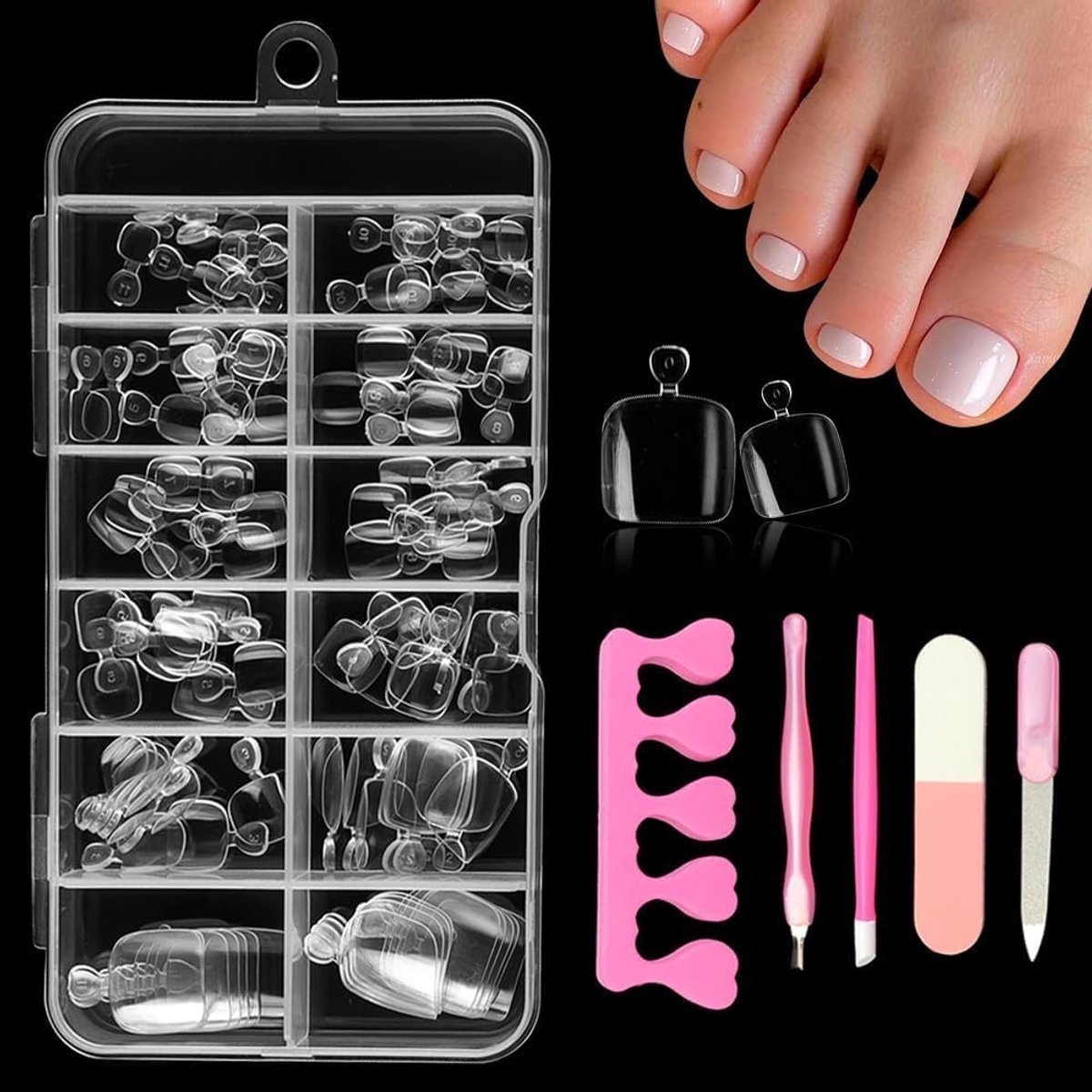 120 stuks kunstteennagels, press-on teennagels, tip, korte glanzende valse teennagels, met manicureset, 5 stuks (transparant)
