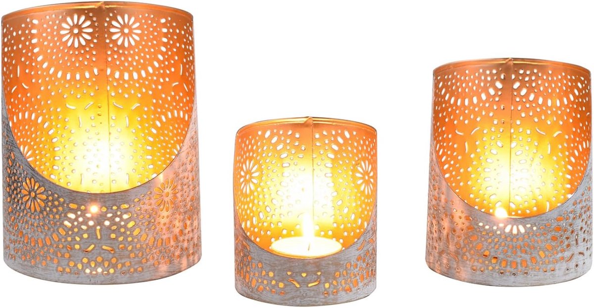 Set van 3 boho-decoratieve windlichten voor theelichtjes Yulet Wit