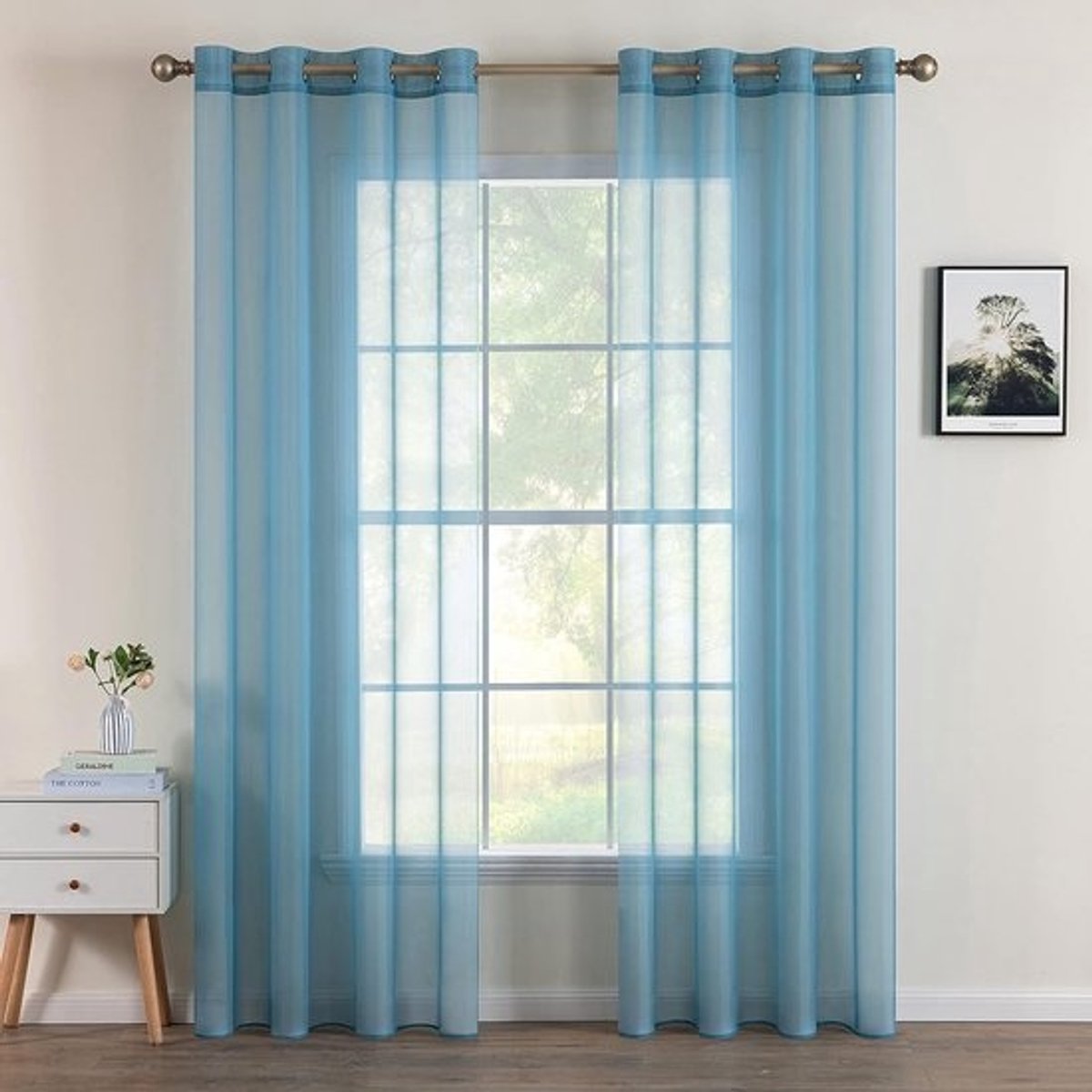 Miulee Grommet Top Voile Curtains, Set of 2, Transparent Polyester, Eyelet Curtain, Transparent for Living Room, Airy, Decorative Bedroom Grey Blue, 215 x 140 cm (H x W)