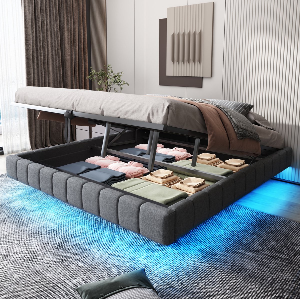 WUVRIE Gestoffeerd bedframe 180x200 cm met LED, opbergruimte en lattenbodem zonder hoofdbord, grijs