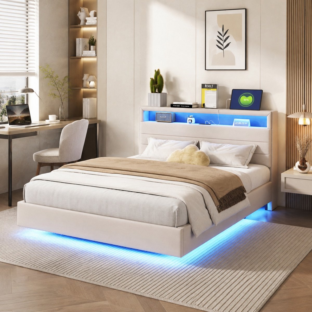 WUVRIE Gestoffeerd bed 140x200 cm met lattenbodem, LED-verlichting, USB-aansluiting en opklapbaar hoofdbord, beige
