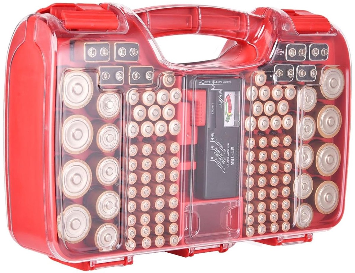 SnelShoppen - Battery Box met Tester, Organizer voor 180 Batterijen, AA, AAA, C, D, 9V, Knopcel, Rood, Voor Thuis, Werkplaats, Camping