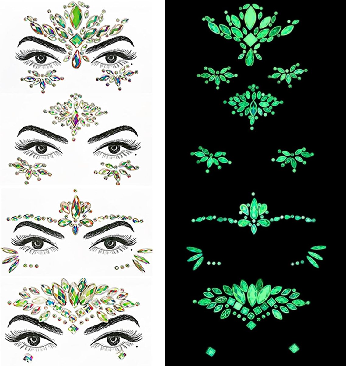 4 stuks gezichtsedelstenen glow in the dark, glitter edelstenen, zelfklevende kristallen gezicht glitter strass ogen lichaam tijdelijke tatoeage voor feest, rave festival, Halloween
