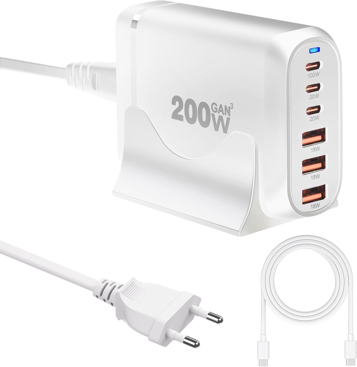 200W 6-poorts USB C-oplader, Snellader, Meervoudige Oplader, Stekkeradapter met GaN III Tech compatibel met iPhone, iPad, MacBook Pro, Mobiele Telefoon, Wit met 1,5m 100W USB C Kabel