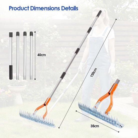 Verticuteerhark met steel, 170 cm, metalen snijhark, tuin, afneembaar, verstelbare verticuteerhark, handverticuteerhark, verticuteerhark voor gazon, binnenplaats, tuin — afbeelding 2
