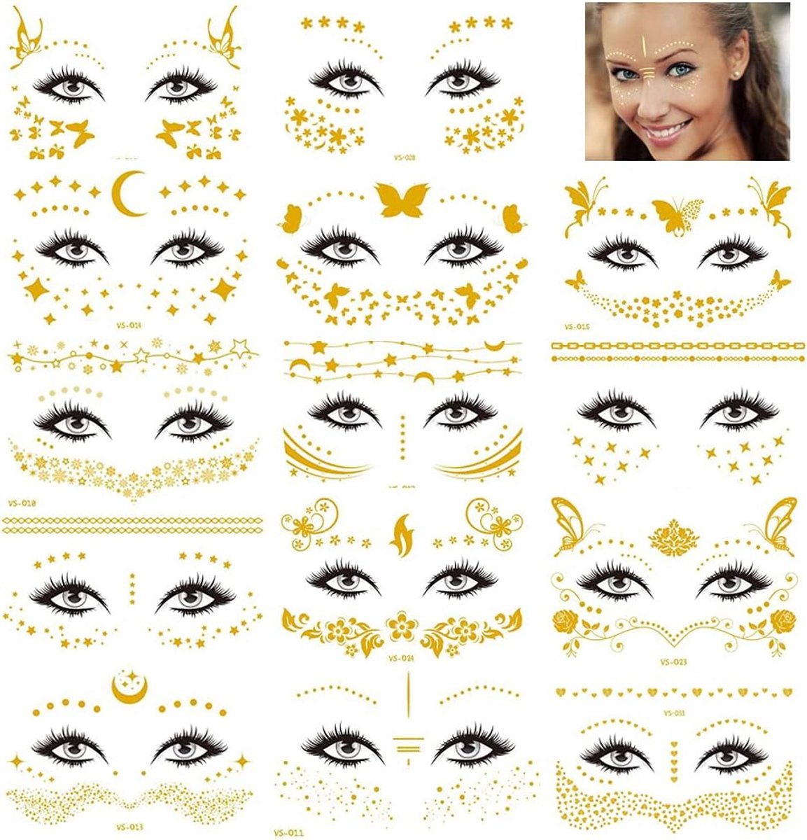 Tijdelijke Gezichtstatoeages, Gezichtsstickers Goud Metallic Tijdelijke Glitter Nep-tatoeages, Sproetstickers Vrouwen Meisjes Festival Halloween Make-up Danseres Kostuumfeestjes