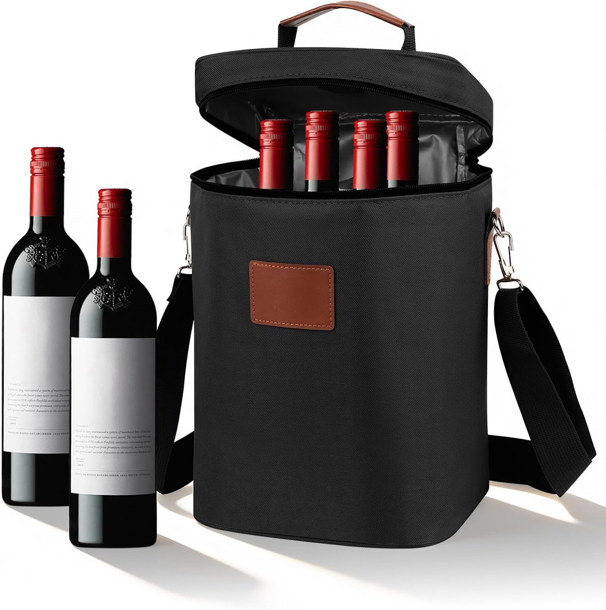 Koeltas voor 4 flessen, geïsoleerde wijnkoeltas, flessentas, geïsoleerde wijntas, biertas, draagbare champagnebierrugzak, flessentas met handvat en schouderriem voor feestjes, reizen, zwart, 22*18