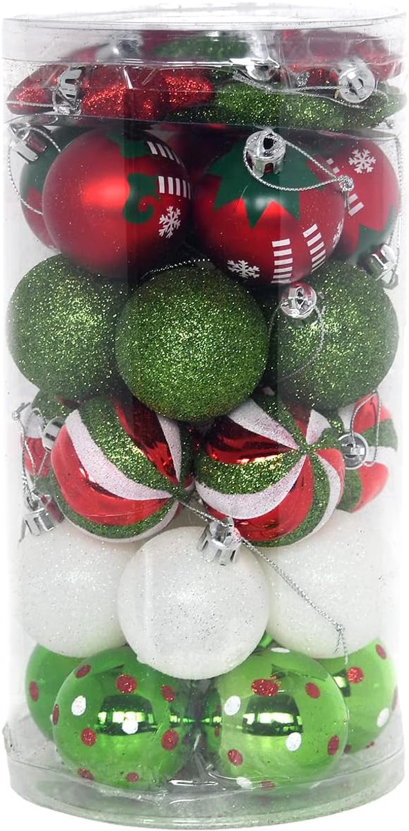 Kerstballen, 35-delig, 5 cm, plastic kerstballen, set, kerstboomversiering, decoratie, kerstboomversiering voor feest, huisdecoratie, elfthema, rood, groen, wit (groen/rood)