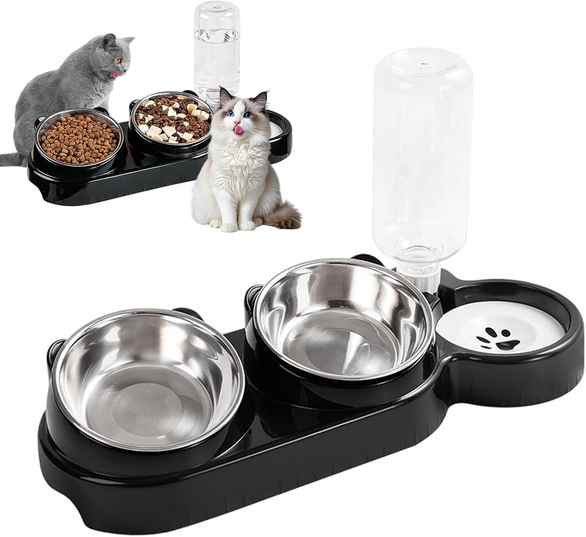 3-in-1 kattennapjesset, kattenvoerbak en waterbak, set met waterdispenser, roestvrij stalen kattennapje, verhoogd, 15° gekanteld, afneembare kattennapjes, afneembaar voederstation voor katten en