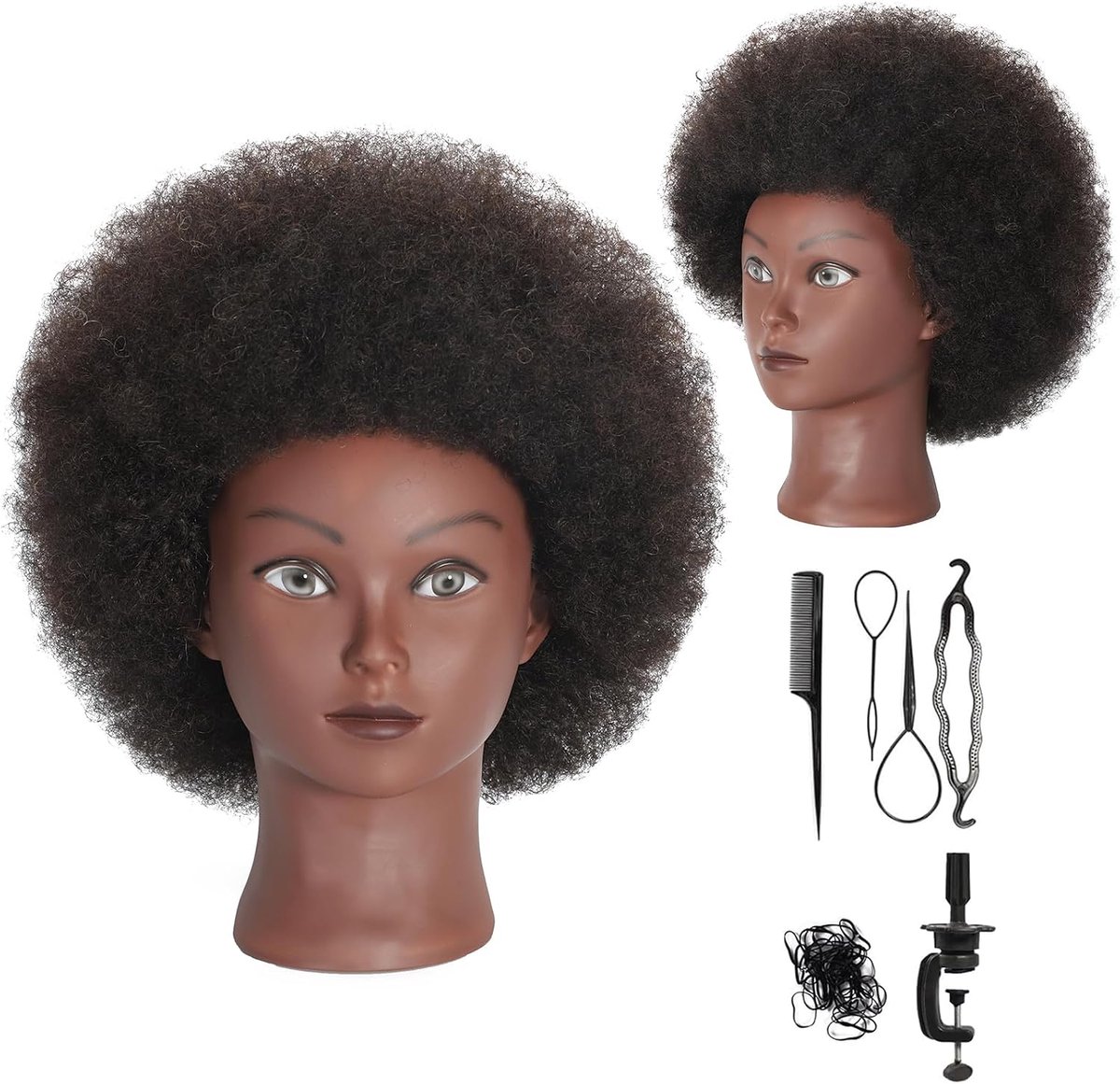 Krullend Mannequin Hoofd met 100% Menselijk Haar Krullend Haar Kapper Haar Styling Cosmetologie Mannequin Hoofd Pop Hoofd voor Kapper Praktijk Styling Dye Vlechten met Klem Stand