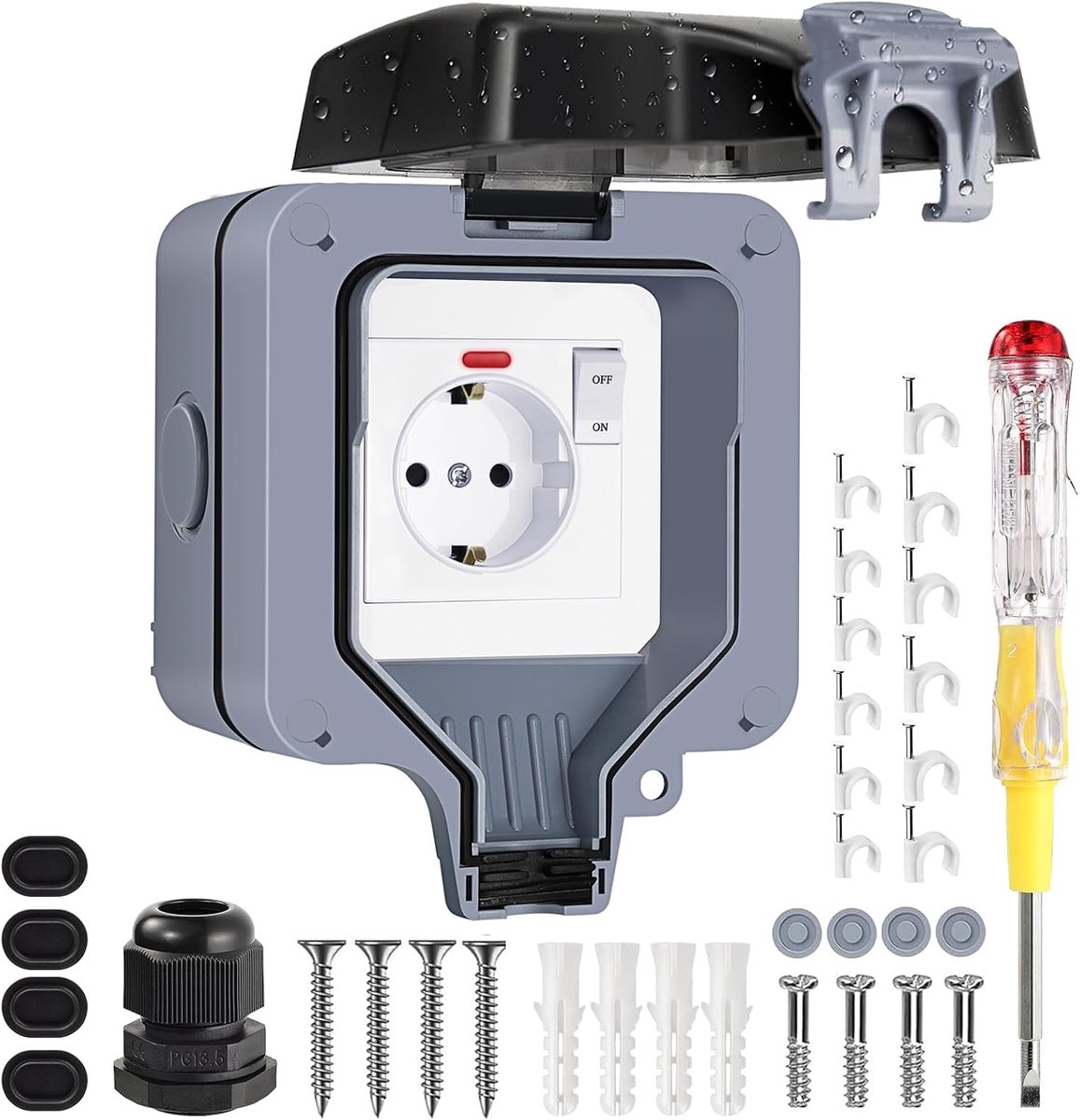 IP66-waterdicht, enkelvoudig met schakelaar, controlelampje, wandcontactdoos, voor vochtige ruimte, bouw, geaard, tuin, stofdicht, weerbestendig, outdoor stopcontact met klapdeksel