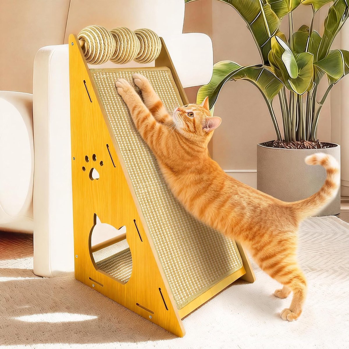 Krabplank – Veelzijdige Krabpaal van Massief Beukenhout met Sisal, Krabkarton voor Katten, Ideaal als Krabplank aan de Muur of Kattenmeubel