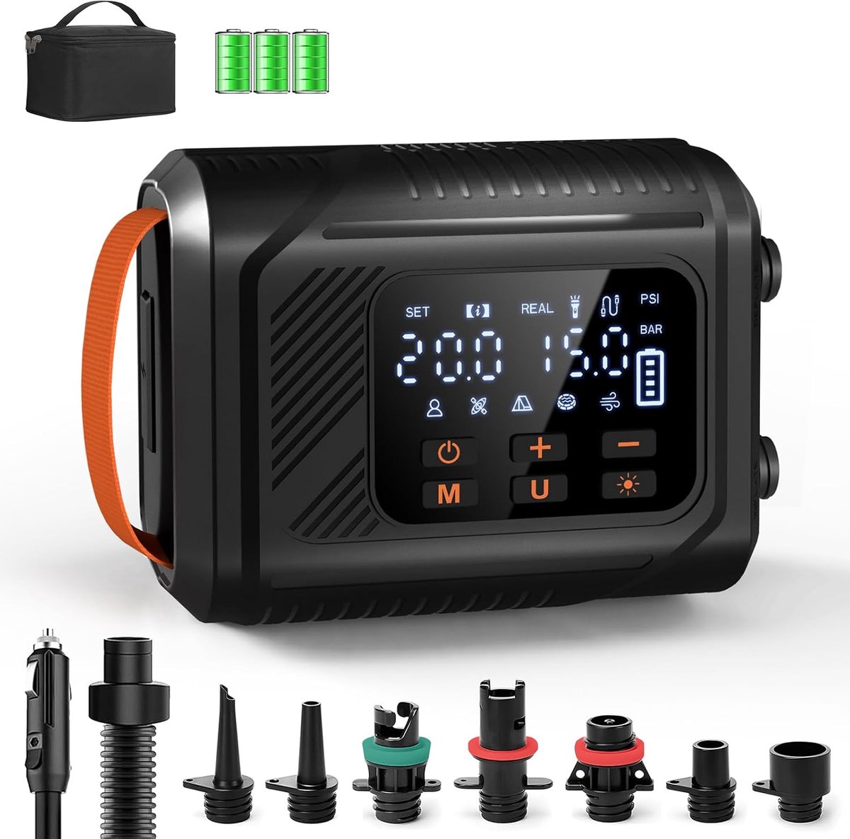 Elektrische SUP Pomp 20PSI met Licht - 13500mAh Oplaadbaar, 5 Standen + Aangepaste Modus, Dubbele Snelheid, Auto-Uitschakeling & 12V Auto-Lader voor SUP, Tent, Luchtbed