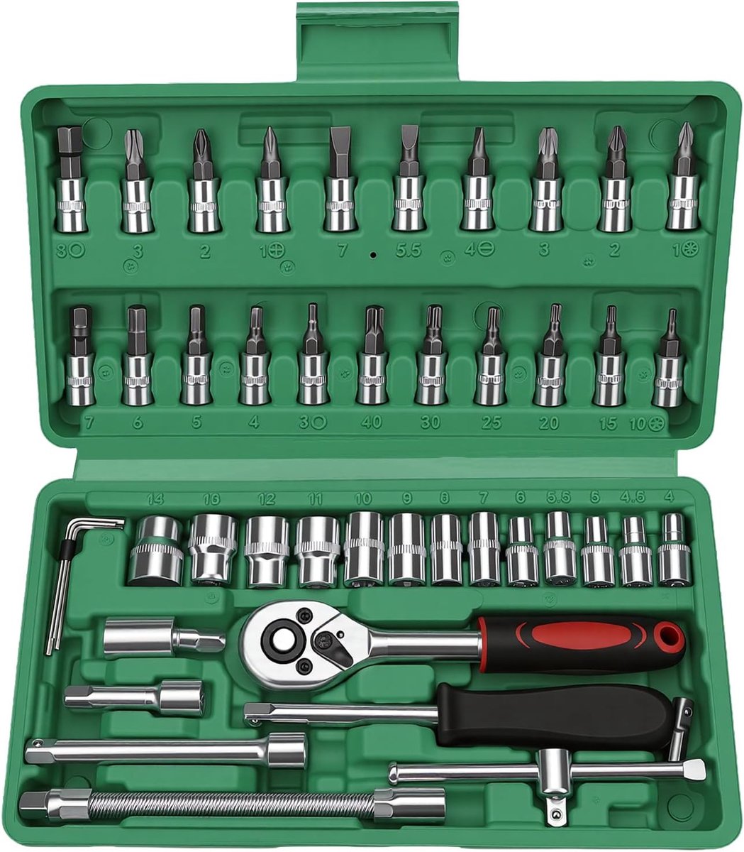 46-delige steeksleutelset 1/4 inch rateldoos, steeksleutel, bitset, veeltandset, bits, dopsleutel, met snelspan- en omschakelratel voor reparatie van auto en huis (groen)