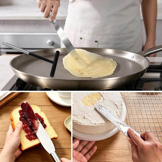 Verdeler set 3 stuks, T-vormige deegverdeler van roestvrij staal, spatel en kookkwast, voor gelijkmatig verdelen van pannenkoeken- en crêpedeeg, vaatwasmachinebestendig, keukenbakaccessoires — afbeelding 3