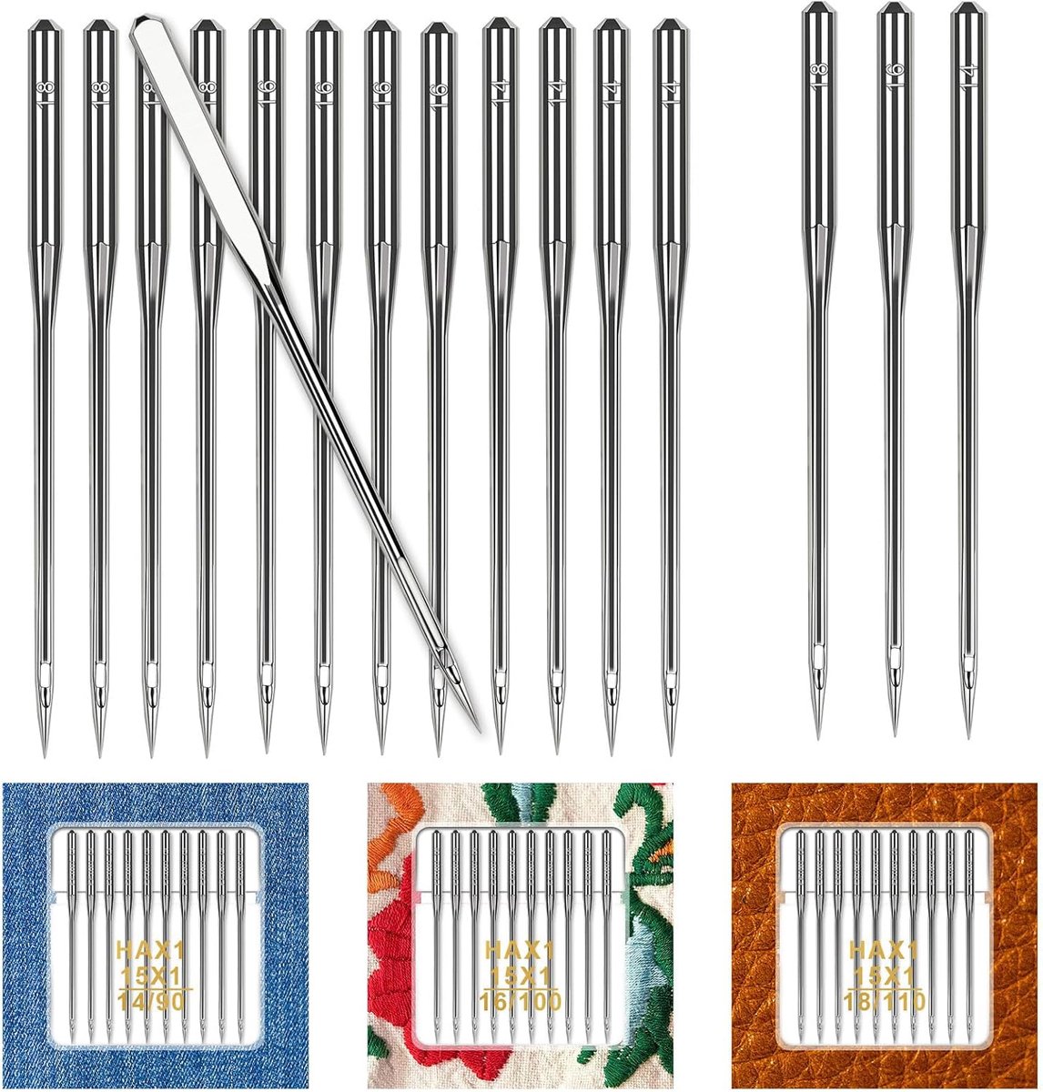 Naaimachinenaalden, maat HAX1 90/14 100/16 110/18 naaimachinenaalden voor lederen jeans canvas dikke stof, universeel compatibel met thuis