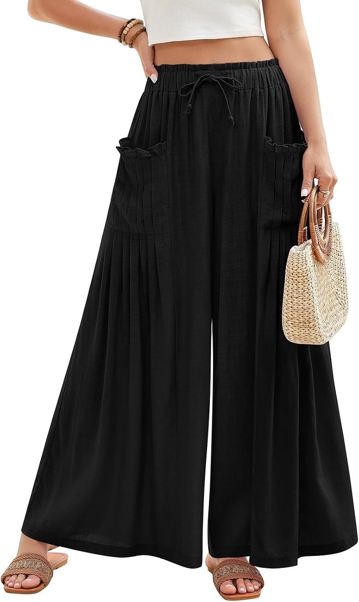Zomerbroek voor dames, lichte wijde palazzo broek, zomer, linnen broek, elastische taille, losse linnen broek, luchtige baggy, comfortabele vrijetijdsbroek, strandbroek, stoffen broek met