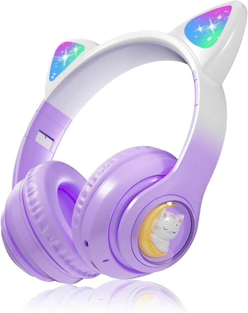 SnelShoppen - Bluetooth Koptelefoon Kinderen - Draadloze Over-Ear Kinderkoptelefoon met LED Kattenoren, Ingebouwde Microfoon, 85dB Geluidsbeperking, O