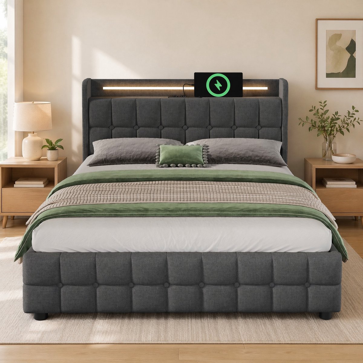 WUVRIE Gestoffeerd bed 160x200 cm met led, USB-aansluitingen, stopcontacten en 4 lades, grijs