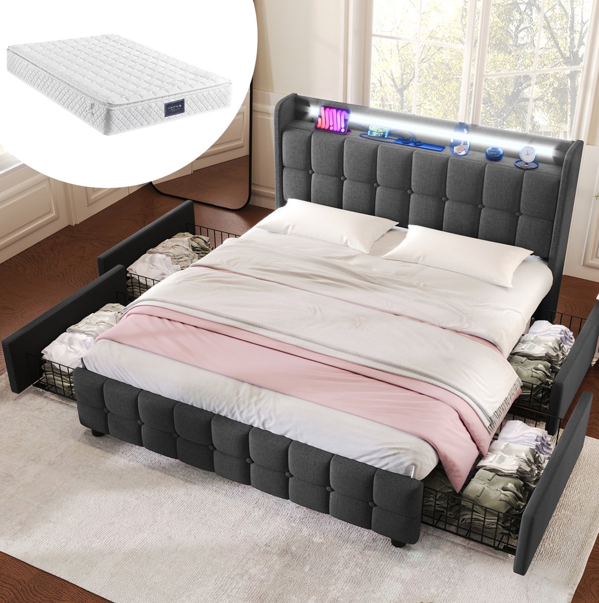WUVRIE Gestoffeerd bed 140x200 cm met LED, USB, stopcontacten en 4 lades, grijs